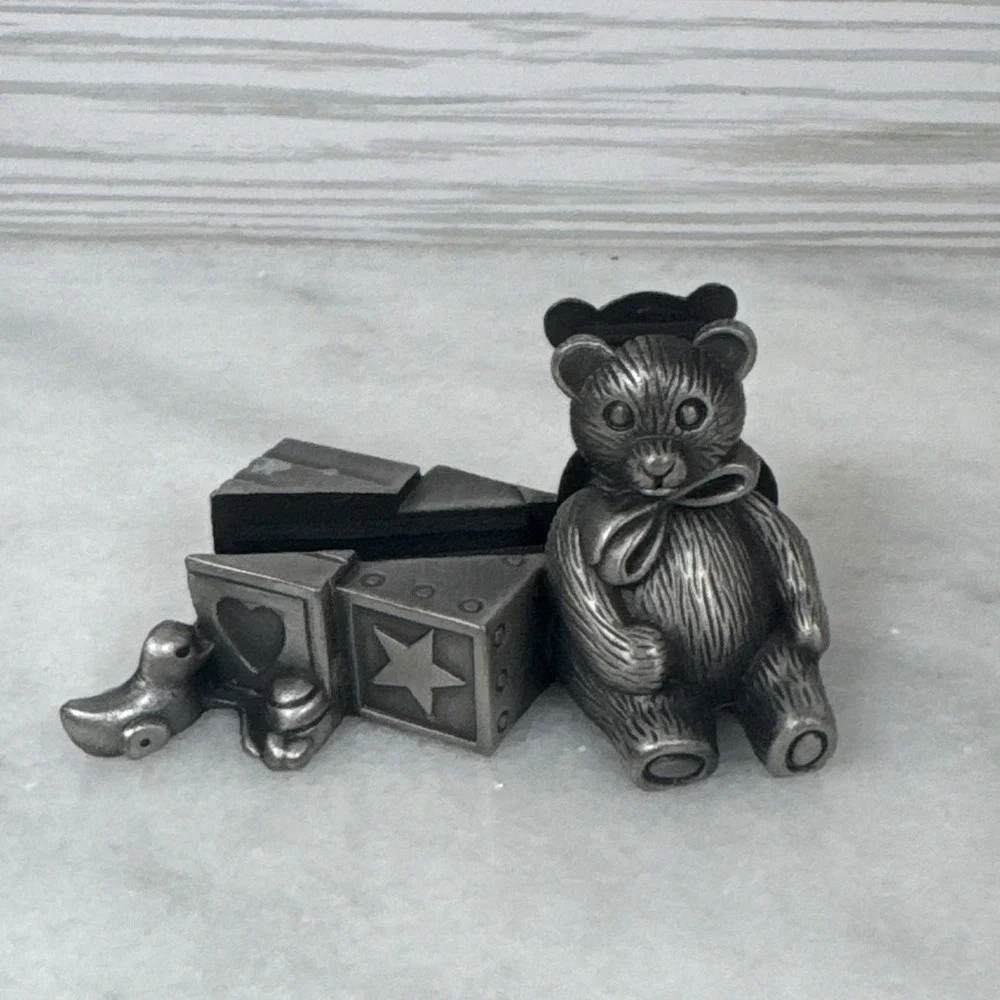 Pewter Teddy Bear Photo Picture Business Card Letter Recipe Holder Shelf Sitter